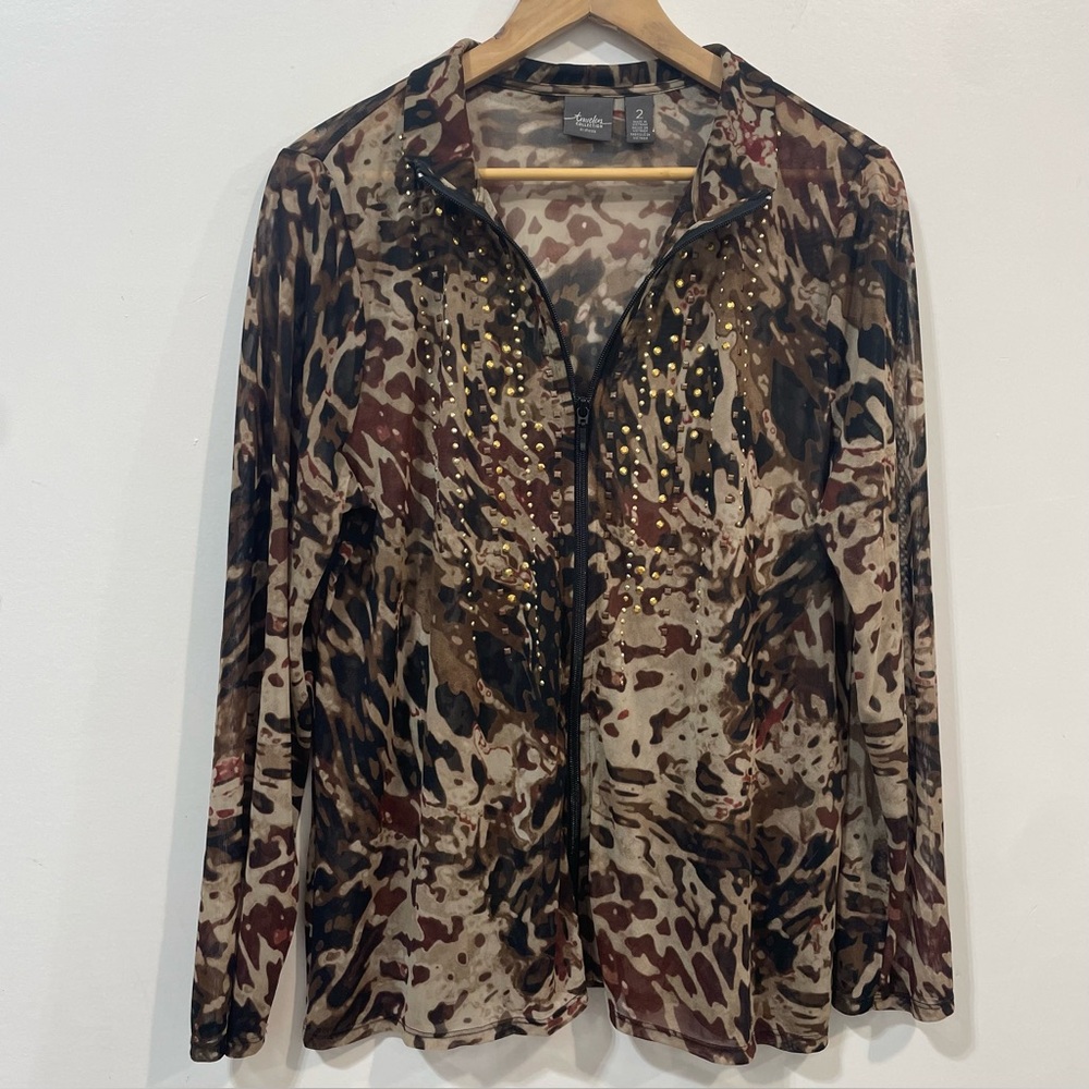 Chico's Travelers Collection Animal Print Safari Mesh Embellished Top Size L